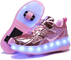 LED Roller Skate Shoes for Kids Boys Girls Light Up Roller Sneakers with Detachable Wheels Rechargeable Flashing Wheeled Shoes