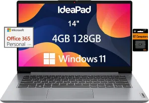 Lenovo IdeaPad Ultra Light Laptop for Student & Home (14" Anti-Glare, Intel Dual Core Processor, 4GB RAM, 128GB Storage (64GB  64GB SD)), 1 Year Office 365, Webcam, Wi-Fi 6, Win 11 Home in S, Grey