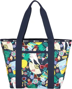 LeSportsac Summertime Things Everyday Zip Tote Handbag/Travel Bag, Style 3867/Color E624, Whimsical Summertime Motifs: Seashells, Beaches, Flamingos, Sunglasses, Cocktails, Pineapples & more