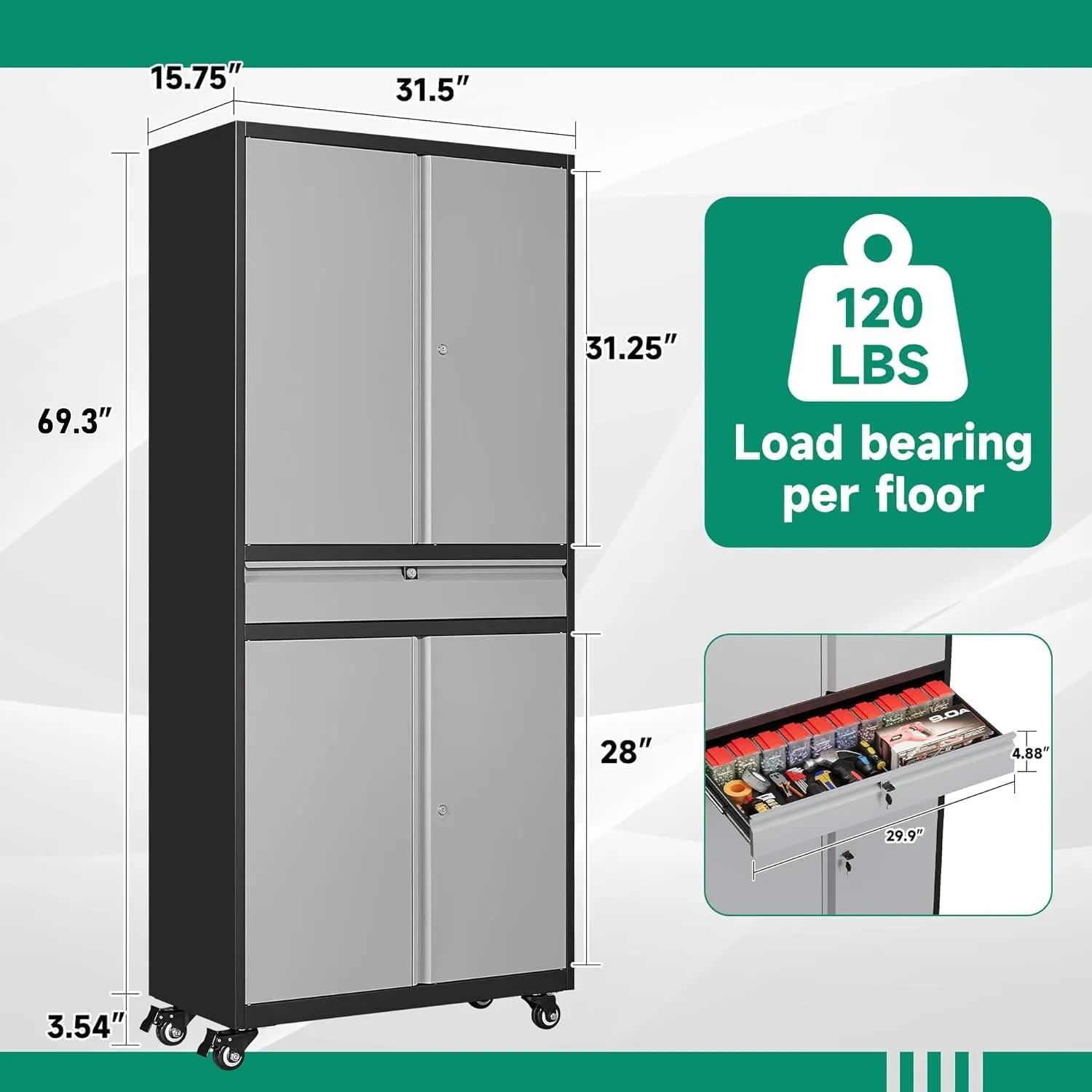Letaya Metal Garage Storage Cabinet with Wheels,72” Rolling Tool Cabinet with 4 Door Lock-Adjustable Shelves and Drawer for Garage Home Office Utility Room (Black&Gray with Wheels)