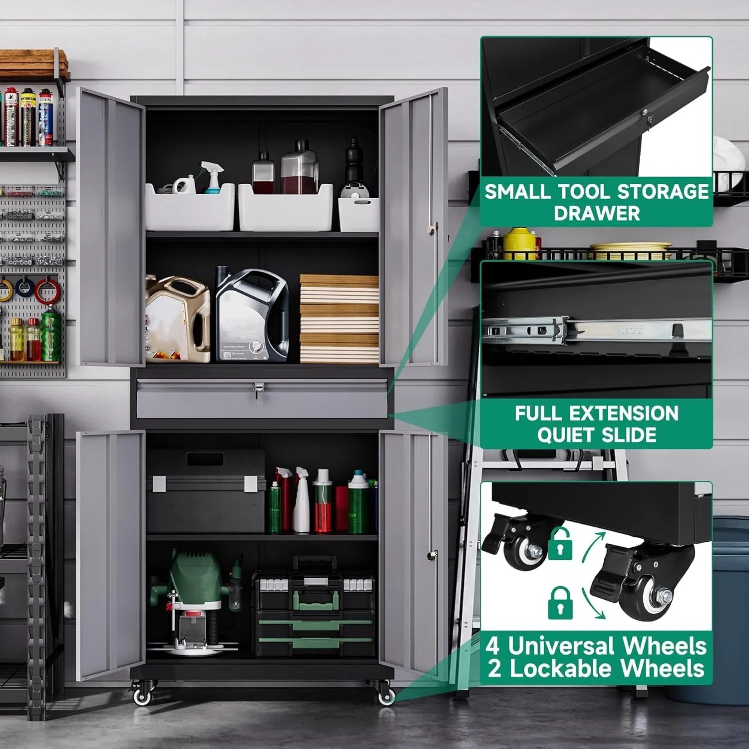 Letaya Metal Garage Storage Cabinet with Wheels,72” Rolling Tool Cabinet with 4 Door Lock-Adjustable Shelves and Drawer for Garage Home Office Utility Room (Black&Gray with Wheels)
