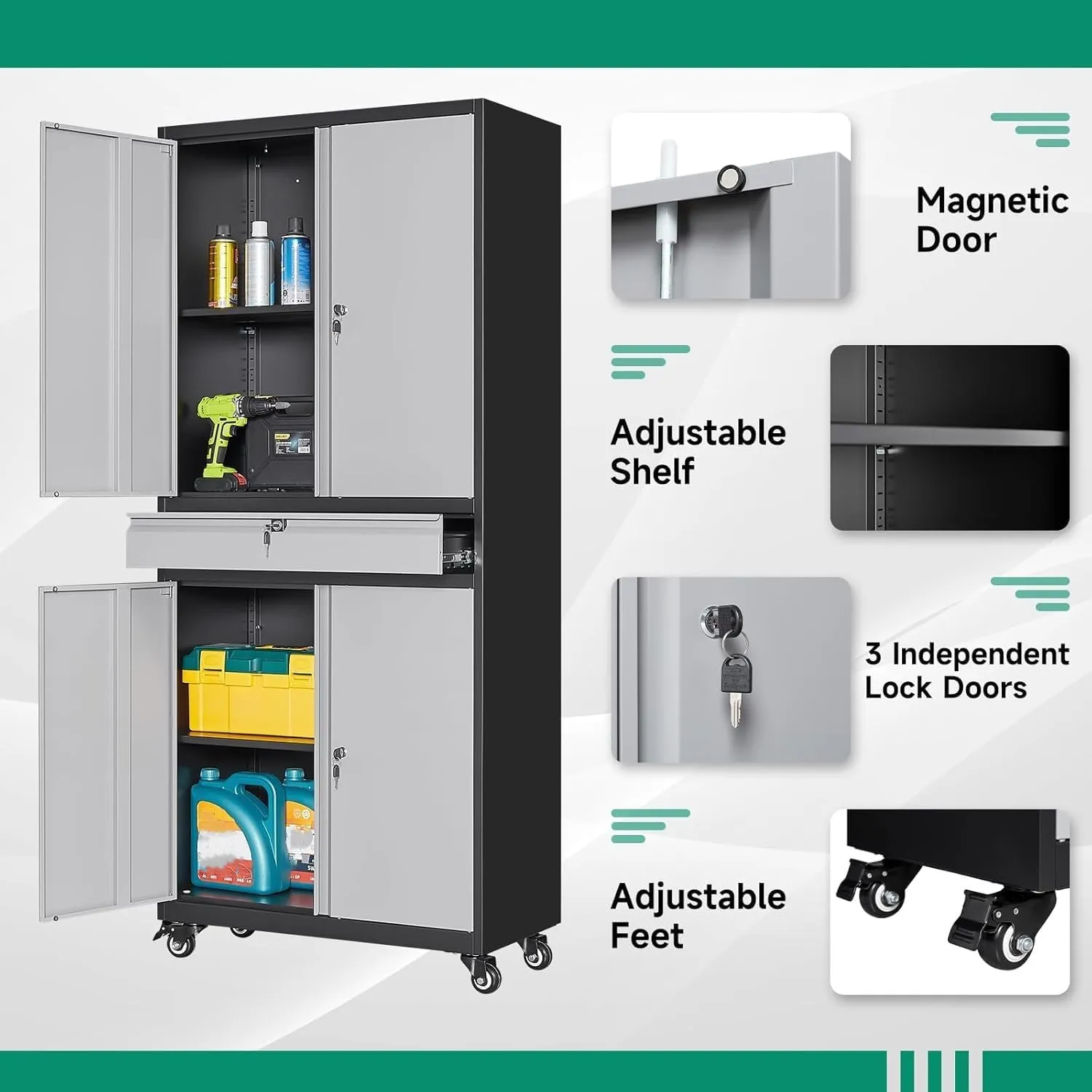 Letaya Metal Garage Storage Cabinet with Wheels,72” Rolling Tool Cabinet with 4 Door Lock-Adjustable Shelves and Drawer for Garage Home Office Utility Room (Black&Gray with Wheels)