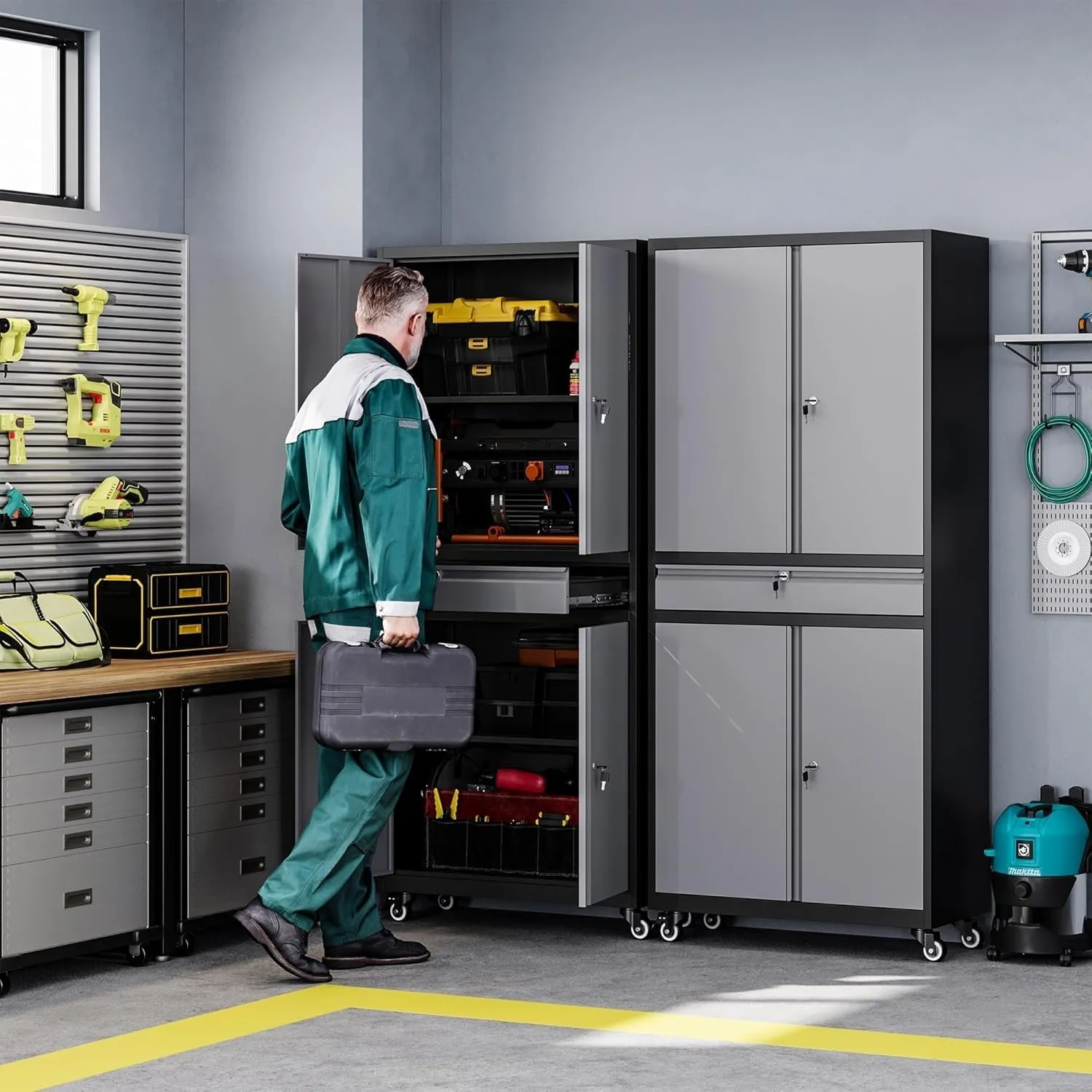 Letaya Metal Garage Storage Cabinet with Wheels,72” Rolling Tool Cabinet with 4 Door Lock-Adjustable Shelves and Drawer for Garage Home Office Utility Room (Black&Gray with Wheels)