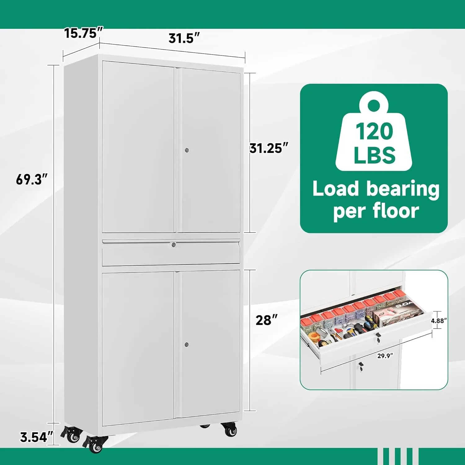 Letaya Metal Garage Storage Cabinet with Wheels,72“ Rolling Tool Cabinet with 4 Door Lock-Adjustable Shelves and Drawer for Garage Home Office Utility Room (White with Wheels)