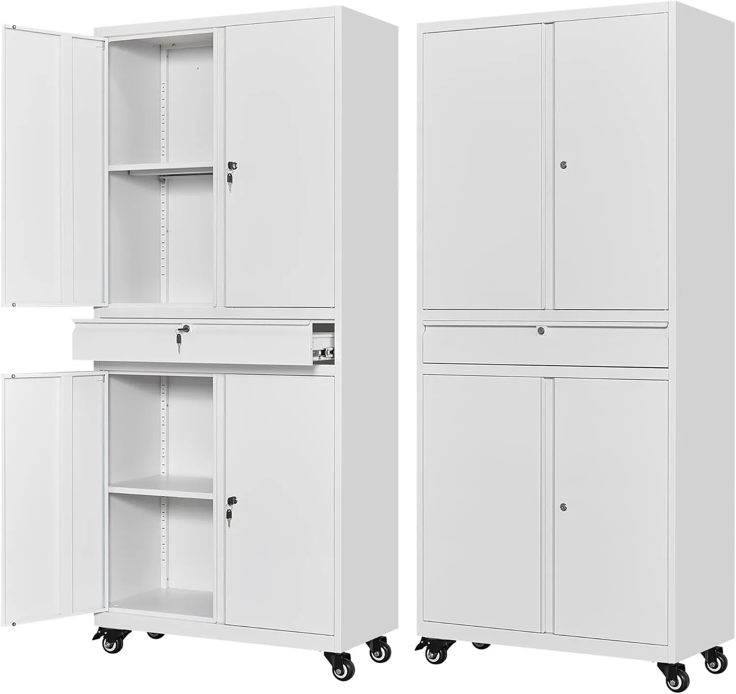 Letaya Metal Garage Storage Cabinet with Wheels,72“ Rolling Tool Cabinet with 4 Door Lock-Adjustable Shelves and Drawer for Garage Home Office Utility Room (White with Wheels)