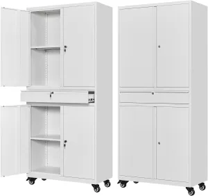 Letaya Metal Garage Storage Cabinet with Wheels,72“ Rolling Tool Cabinet with 4 Door Lock-Adjustable Shelves and Drawer for Garage Home Office Utility Room (White with Wheels)