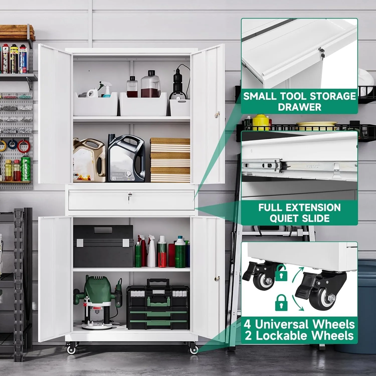 Letaya Metal Garage Storage Cabinet with Wheels,72“ Rolling Tool Cabinet with 4 Door Lock-Adjustable Shelves and Drawer for Garage Home Office Utility Room (White with Wheels)