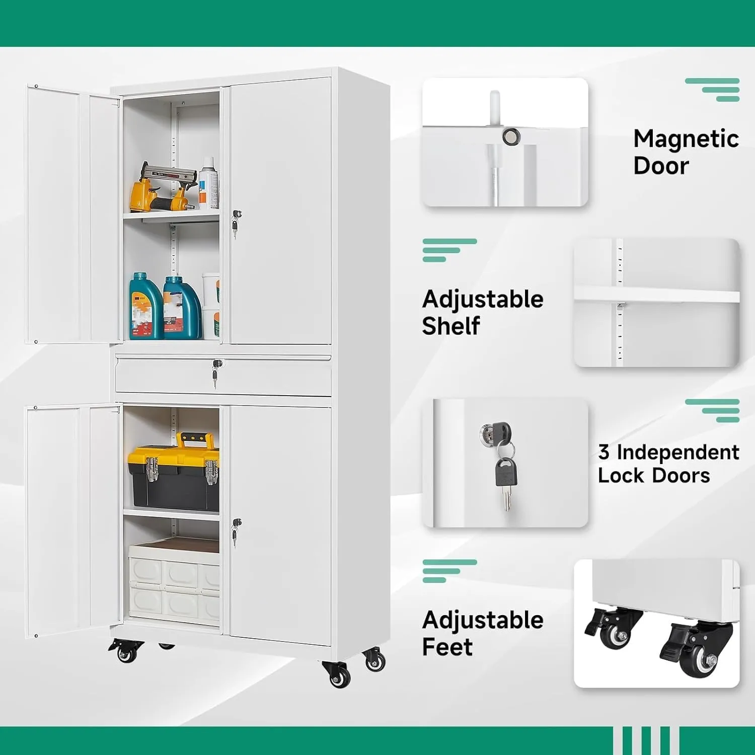 Letaya Metal Garage Storage Cabinet with Wheels,72“ Rolling Tool Cabinet with 4 Door Lock-Adjustable Shelves and Drawer for Garage Home Office Utility Room (White with Wheels)