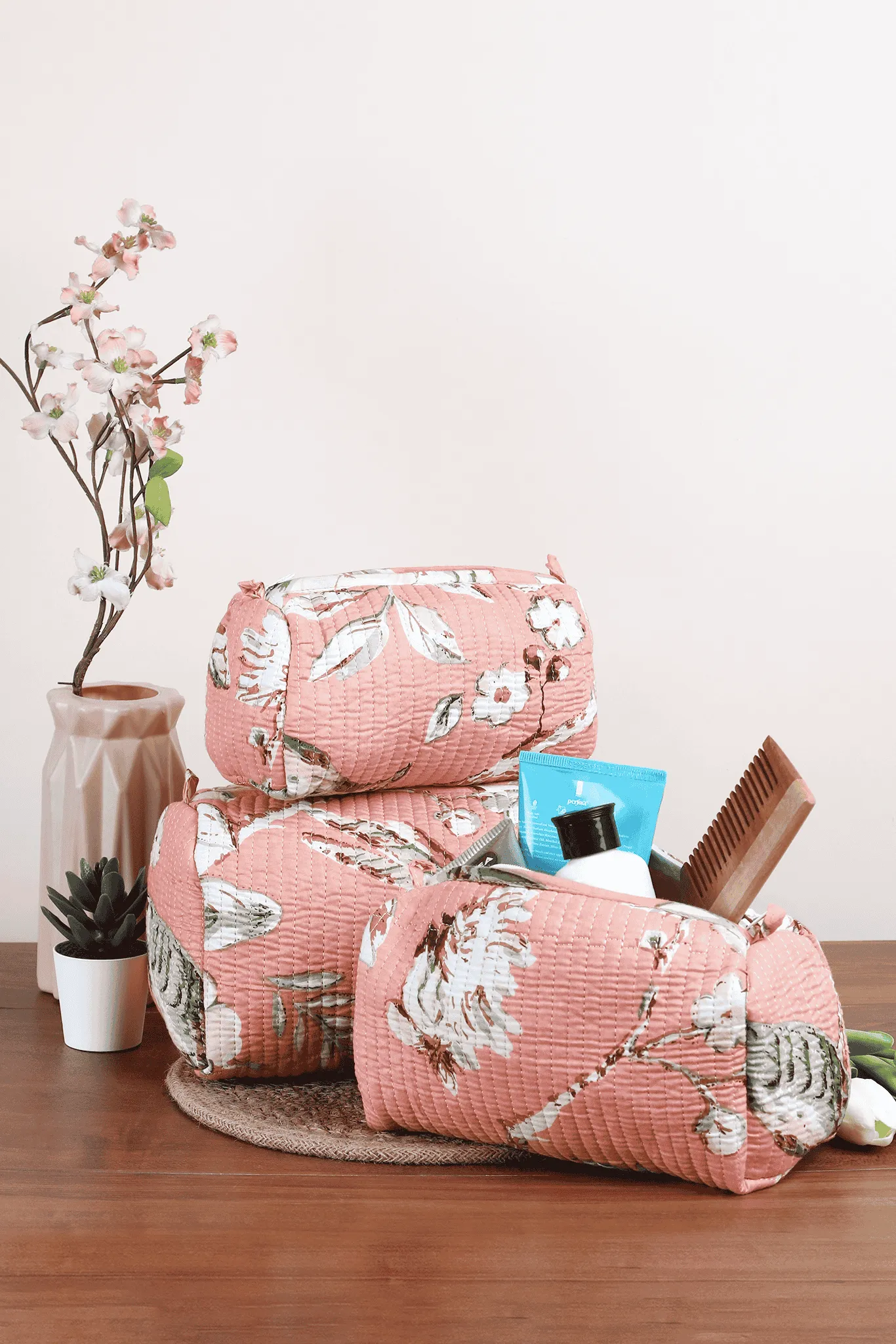 Light Blush Quilted Pouches (Set of 3)