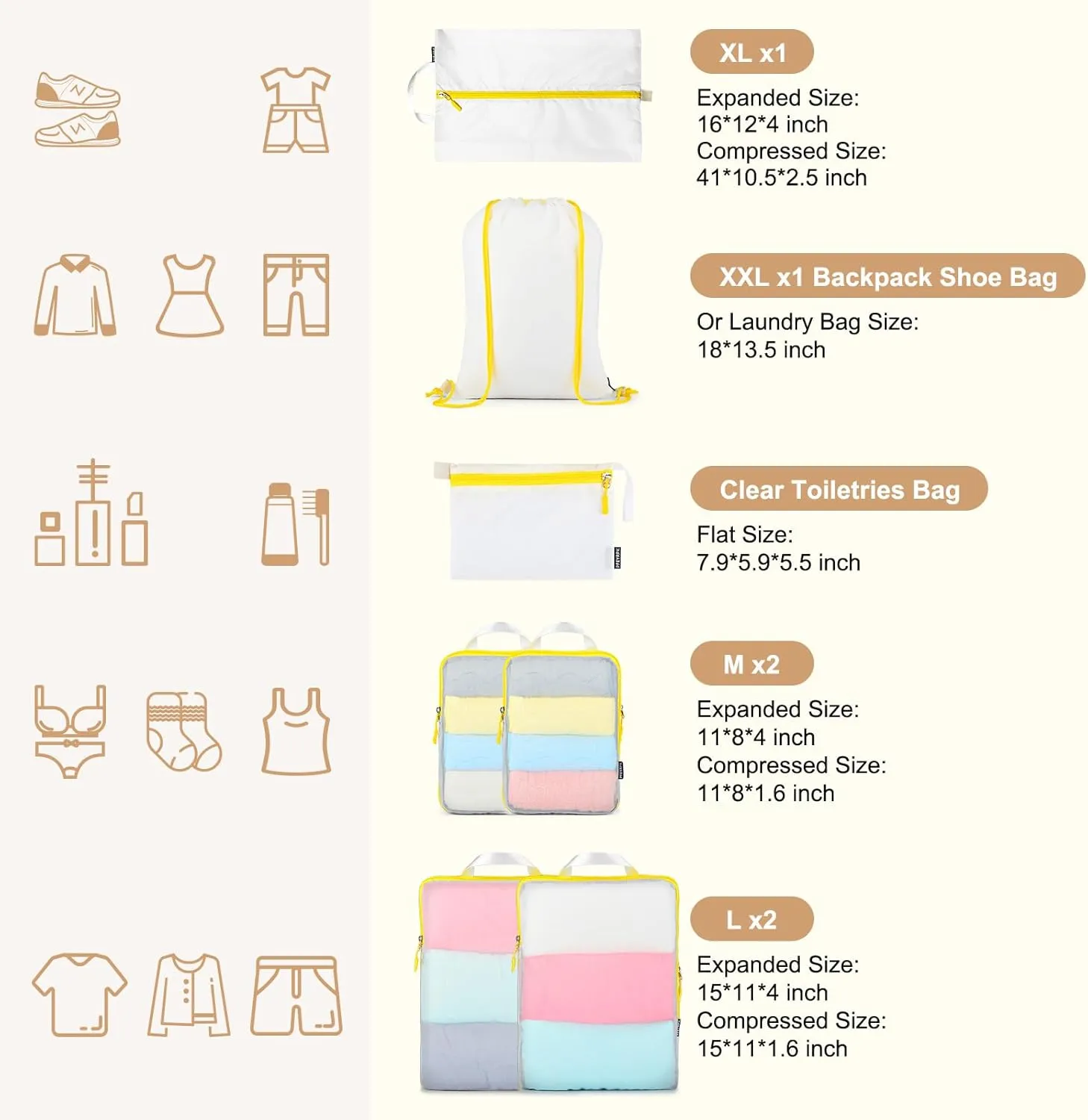 Lightweight Compression Packing Cubes for Suitcases, Compressible Expandable Travel Packing Organizer with Clear Toiletries and Backpack Bag, Travel Essentials for Carry on Luggage 7 Set