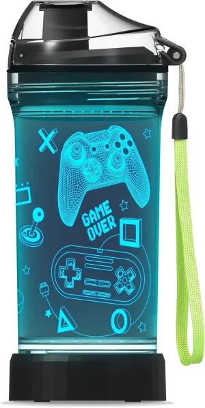 Lightzz Kids Water Bottle with 3D Glowing Game Console LED Light - Tritan BPA Free - Travel Cup Gift for Back to School Girl Boy Child Holiday Camping Picnic - 14 Oz