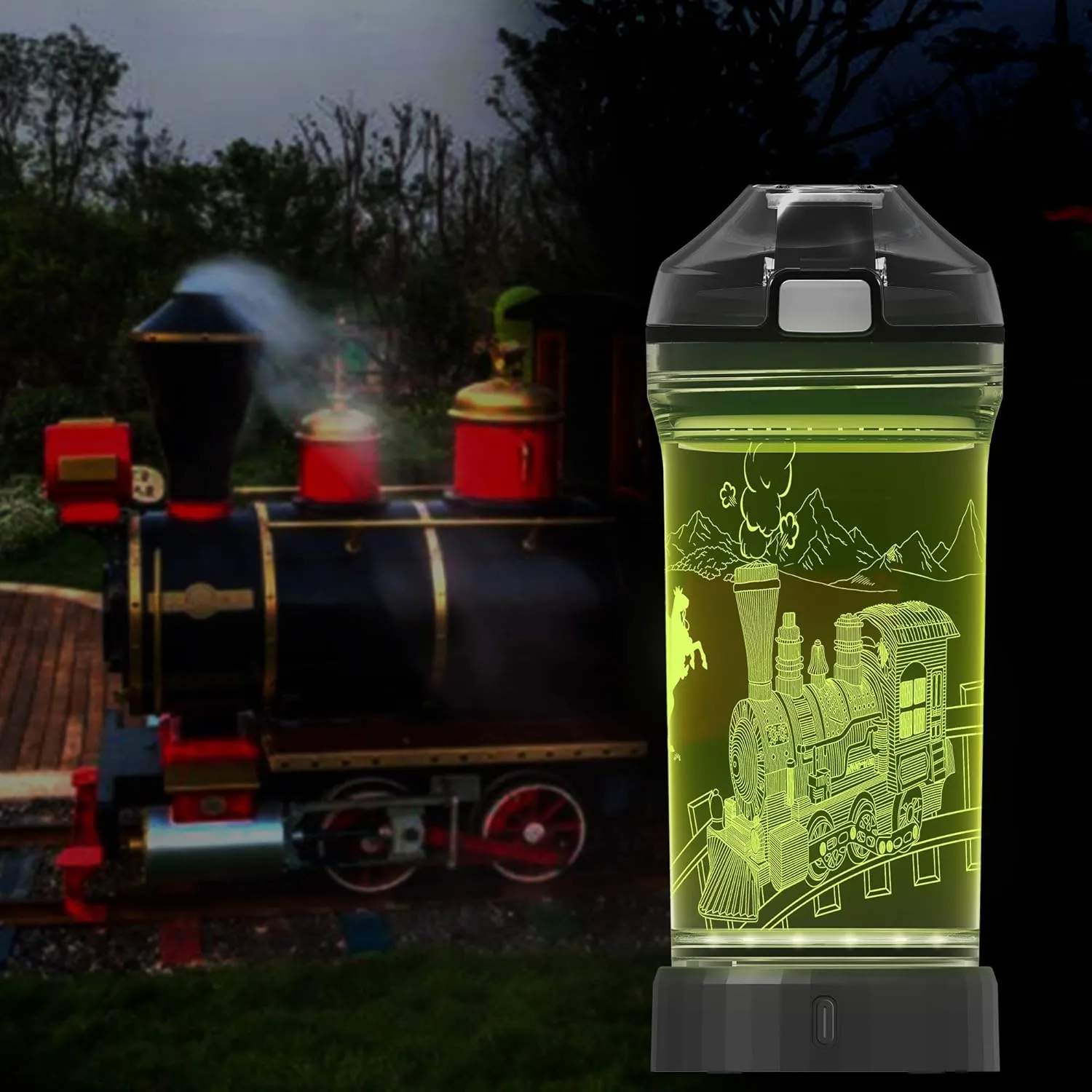 Lightzz Kids Water Bottle with 3D Glowing Train LED Light - Tritan BPA Free - Creative Ideal Travel Cup Train Engine Gift for Back to School Girl Boy Child Holiday Camping Picnic (Train Engine 14 Oz)