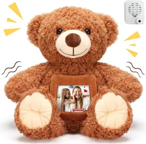 Liliful Bear Stuffed Animal Recorder Bear with Voice Back to School Recorder 12 Inch Remembrance Animal Plush Toy with Photo Frame Brown Toy for Baby Shower Wedding Gifts(Dark Brown)