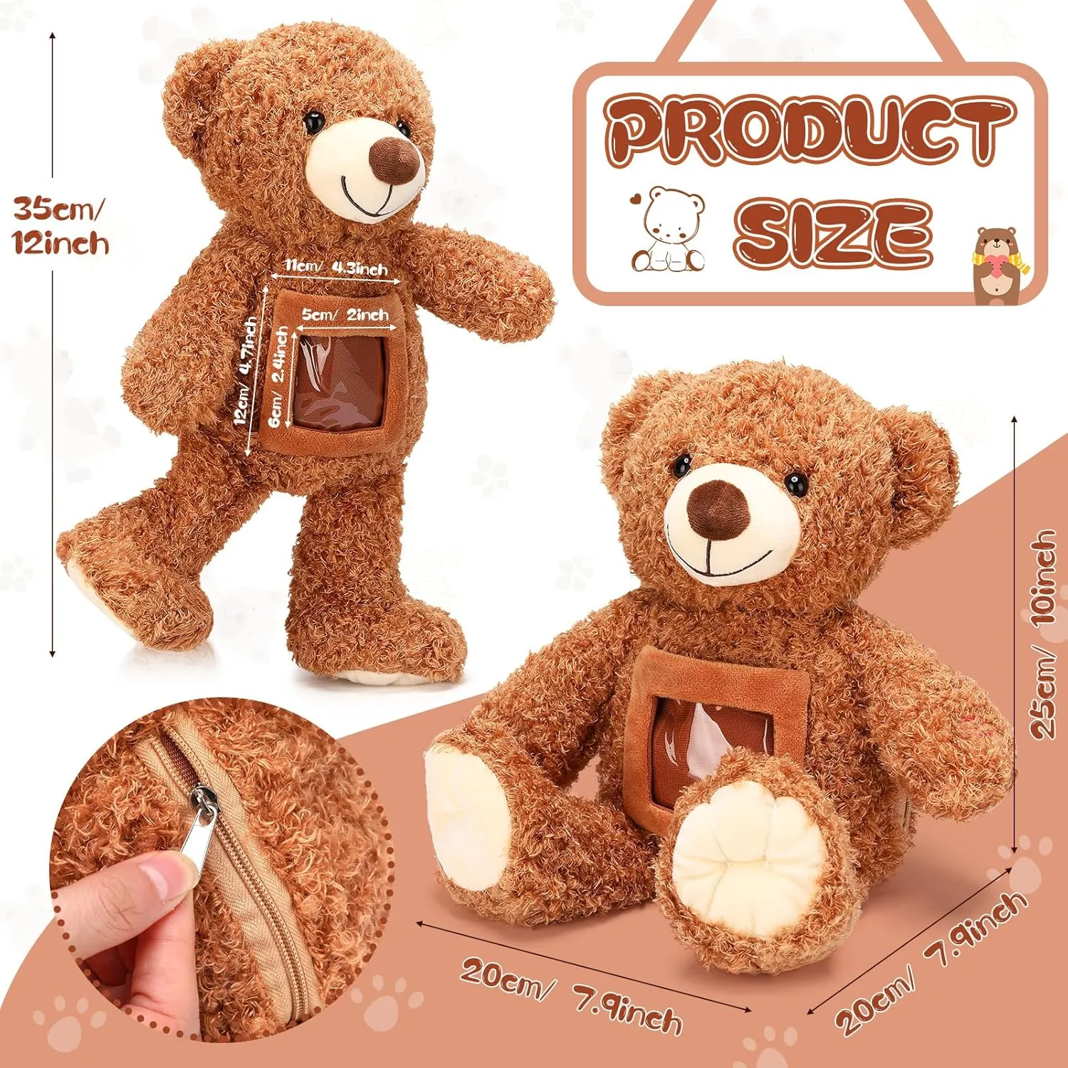 Liliful Bear Stuffed Animal Recorder Bear with Voice Back to School Recorder 12 Inch Remembrance Animal Plush Toy with Photo Frame Brown Toy for Baby Shower Wedding Gifts(Dark Brown)