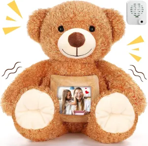 Liliful Bear Stuffed Animal Recorder Bear with Voice Back to School Recorder 12 Inch Remembrance Animal Plush Toy with Photo Frame Brown Toy for Baby Shower Wedding Gifts(Light Brown)
