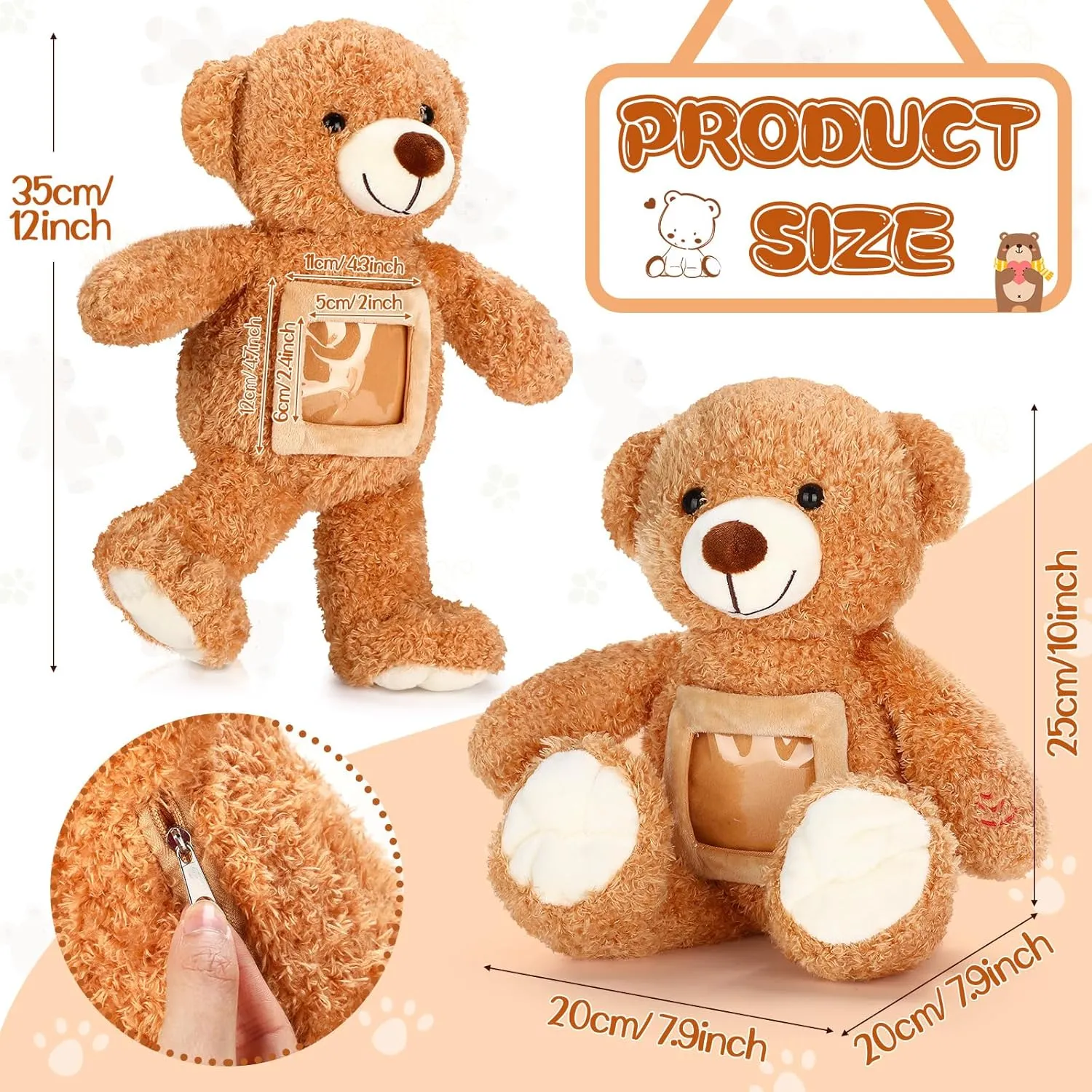 Liliful Bear Stuffed Animal Recorder Bear with Voice Back to School Recorder 12 Inch Remembrance Animal Plush Toy with Photo Frame Brown Toy for Baby Shower Wedding Gifts(Light Brown)