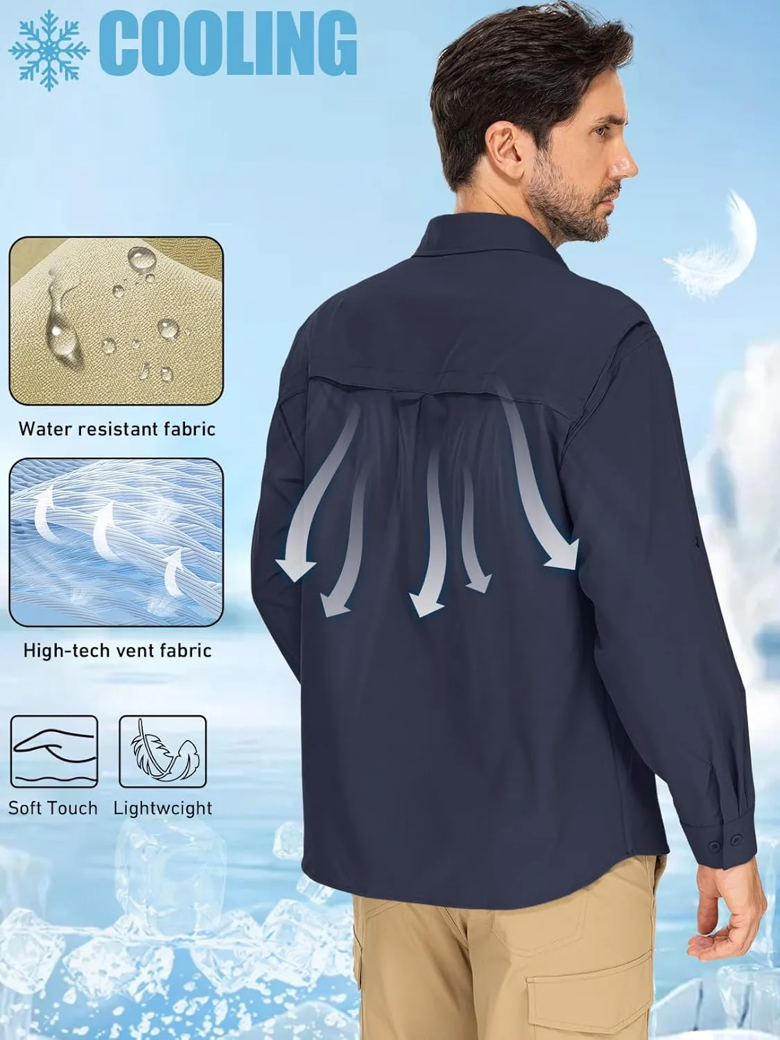 linlon Mens Safari Shirts Long Sleeve UV Protection Hiking Fishing UPF 50  Quick Dry Cooling Camping Travel Shirts