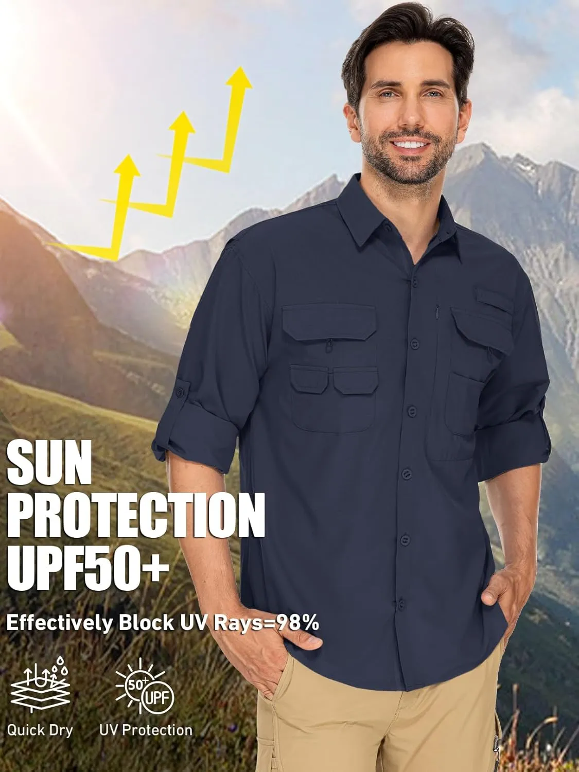 linlon Mens Safari Shirts Long Sleeve UV Protection Hiking Fishing UPF 50  Quick Dry Cooling Camping Travel Shirts