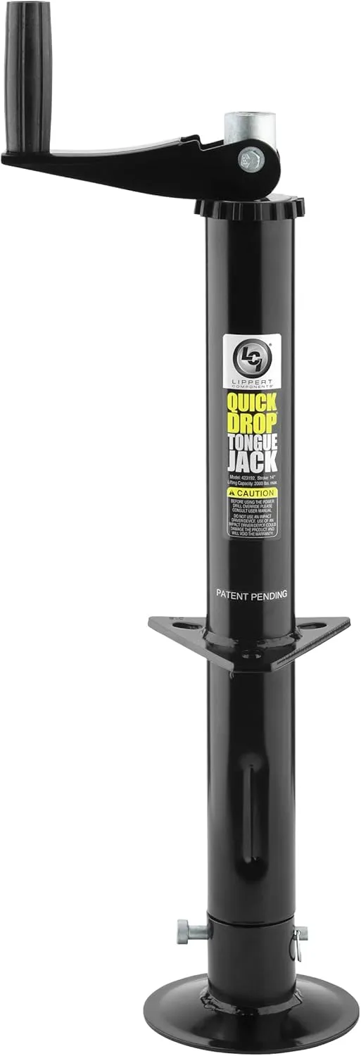 Lippert Quick Drop Tongue Jack for A-Frame Travel, Cargo, and Utility Trailers or 5th Wheel RVs, Black