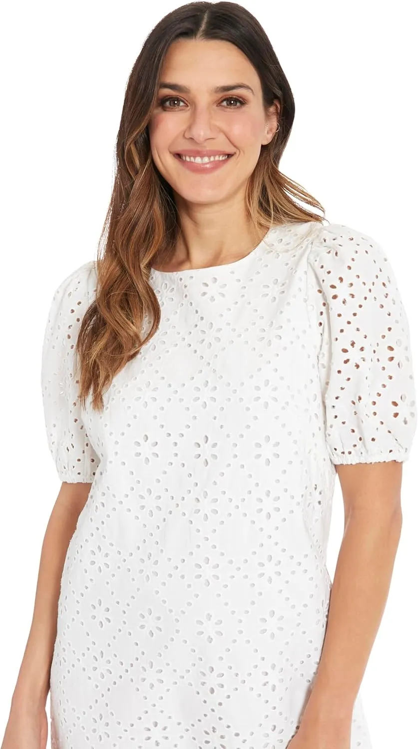 London Times Summer Puff Sleeve Mini Short Cotton Eyelet Womens Dresses
