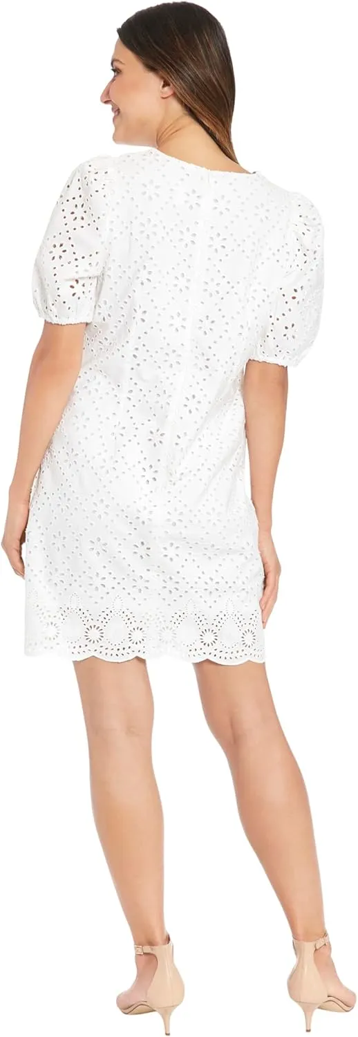 London Times Summer Puff Sleeve Mini Short Cotton Eyelet Womens Dresses