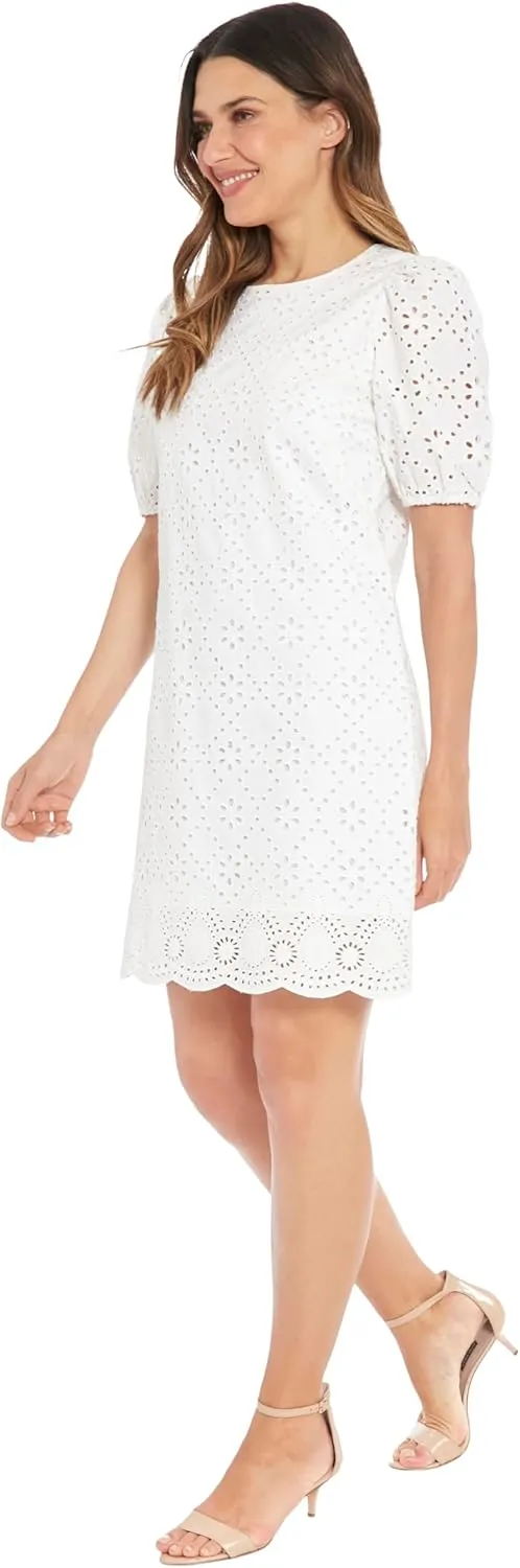 London Times Summer Puff Sleeve Mini Short Cotton Eyelet Womens Dresses