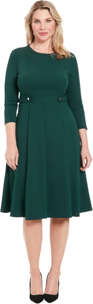 London Times Women's Crepe Fit and Flare Midi with Waist Button Detail