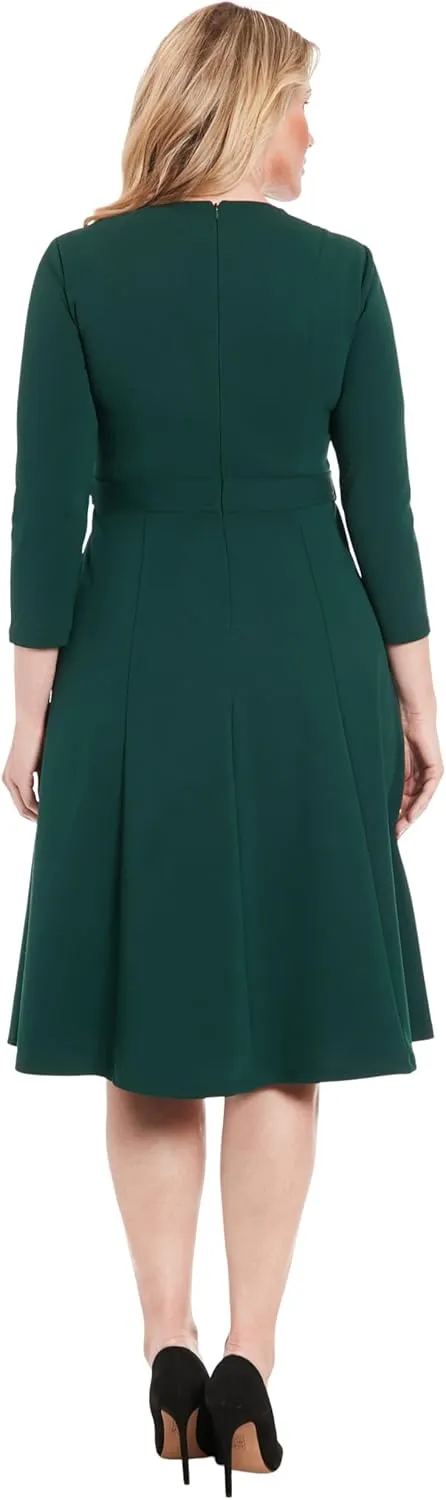 London Times Women's Crepe Fit and Flare Midi with Waist Button Detail