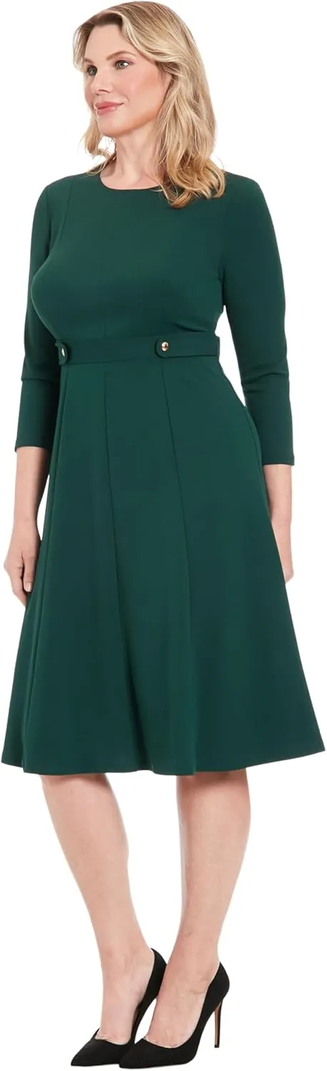 London Times Women's Crepe Fit and Flare Midi with Waist Button Detail