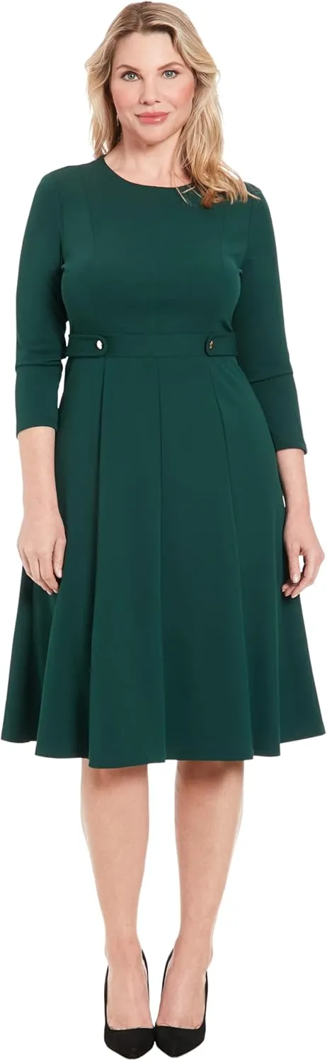 London Times Women's Crepe Fit and Flare Midi with Waist Button Detail
