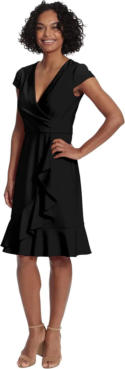 London Times Women's Feminine Ageless Surplice V-Neck Faux Wrap Ruffle Dress Office Event Shower Guest of