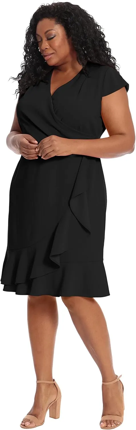 London Times Women's Feminine Ageless Surplice V-Neck Faux Wrap Ruffle Dress Office Event Shower Guest of