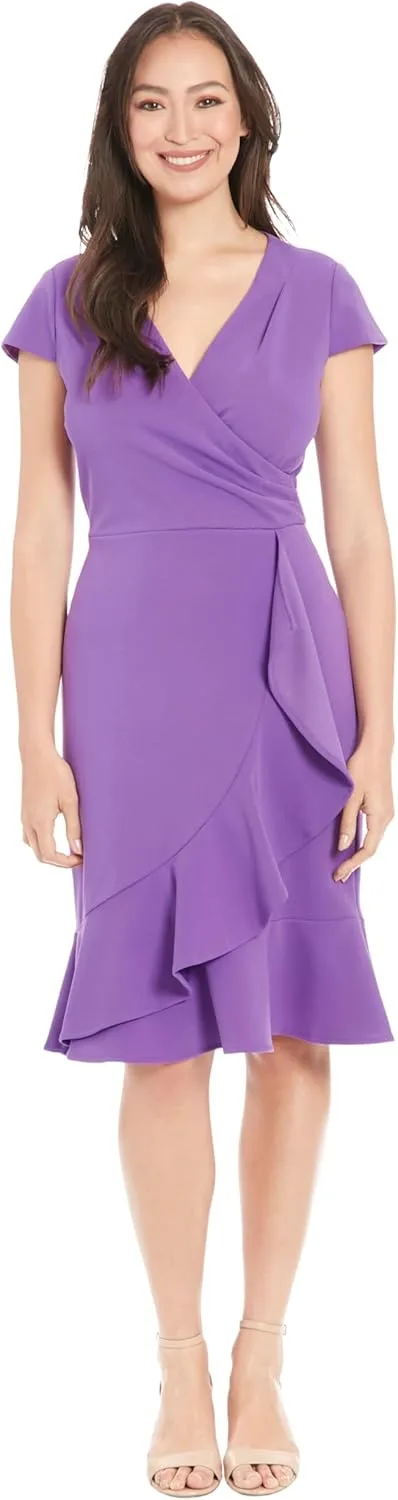 London Times Women's Feminine Ageless Surplice V-Neck Faux Wrap Ruffle Dress Office Event Shower Guest of