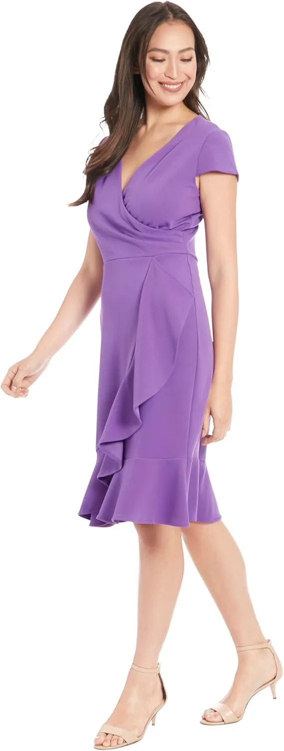 London Times Women's Feminine Ageless Surplice V-Neck Faux Wrap Ruffle Dress Office Event Shower Guest of