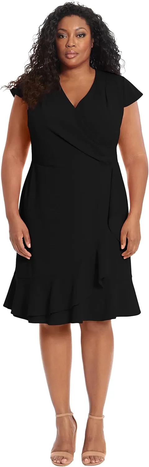 London Times Women's Feminine Ageless Surplice V-Neck Faux Wrap Ruffle Dress Office Event Shower Guest of