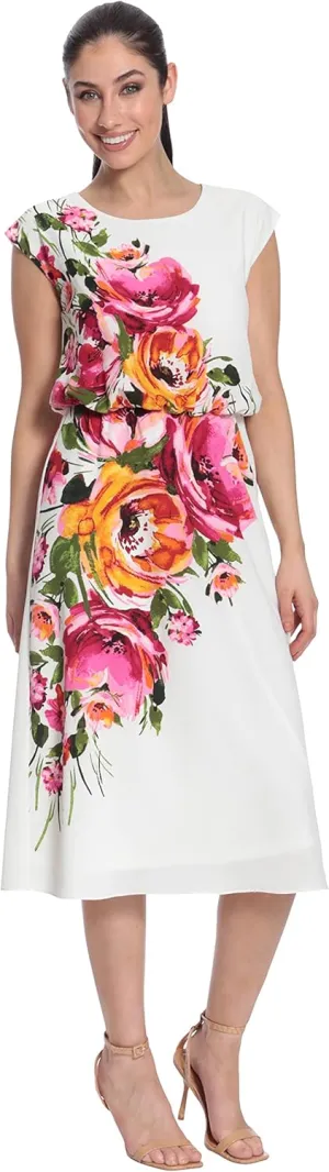 London Times Women's Floral Print Placement Blouson Dress with Cap Sleeves