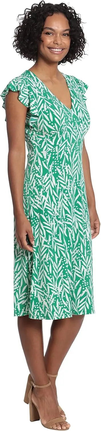 London Times Women's Leaf Print V-Neck Ruffle Sleeve Dress