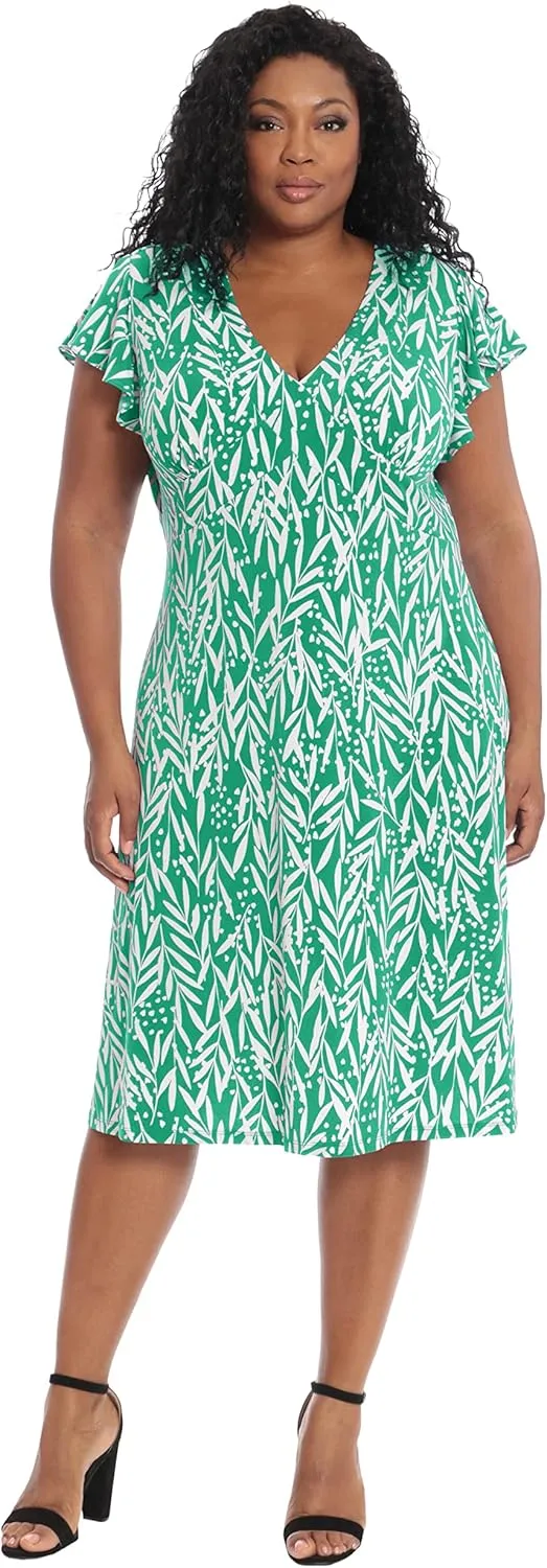 London Times Women's Leaf Print V-Neck Ruffle Sleeve Dress