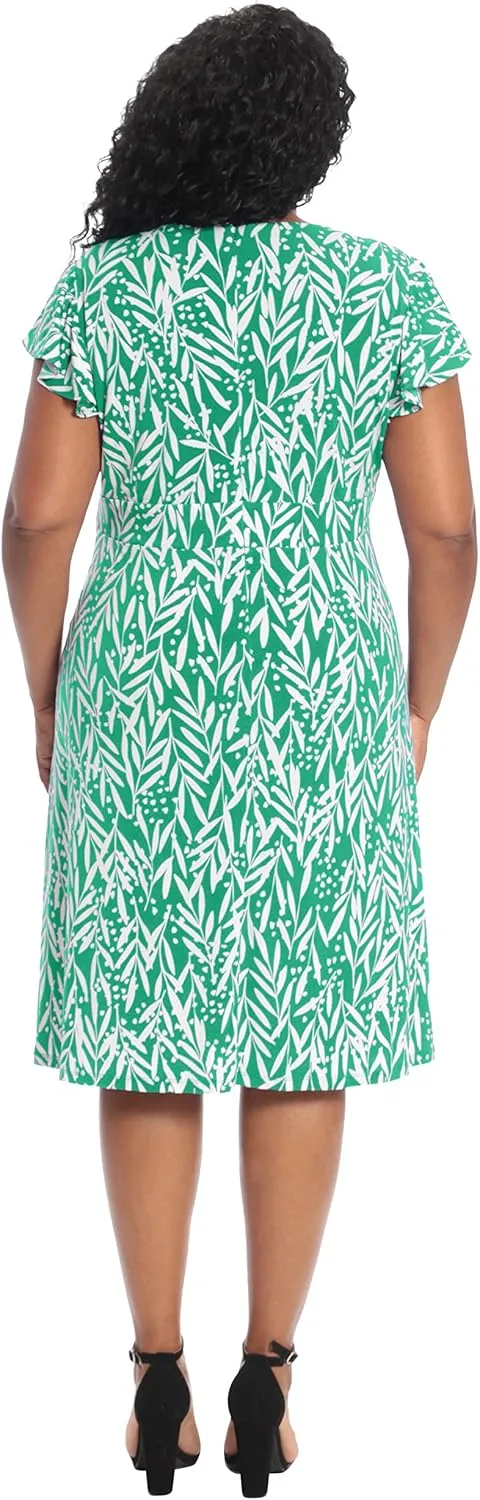 London Times Women's Leaf Print V-Neck Ruffle Sleeve Dress