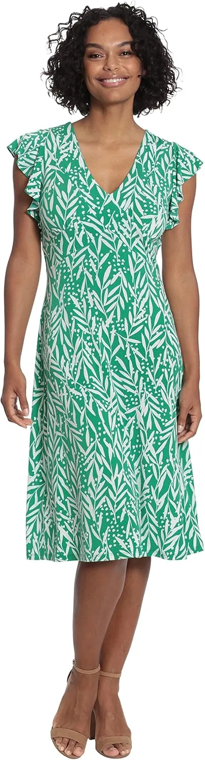 London Times Women's Leaf Print V-Neck Ruffle Sleeve Dress