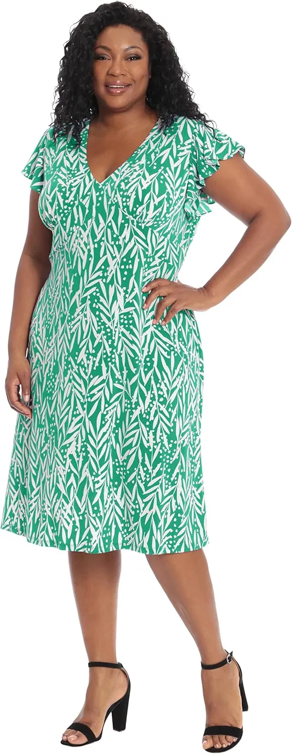 London Times Women's Leaf Print V-Neck Ruffle Sleeve Dress