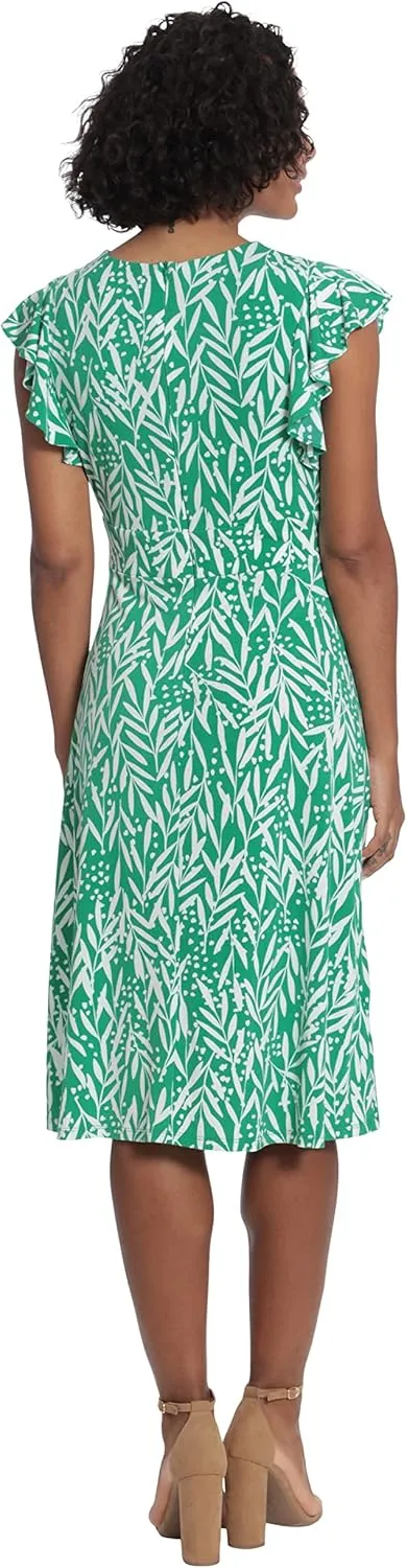 London Times Women's Leaf Print V-Neck Ruffle Sleeve Dress