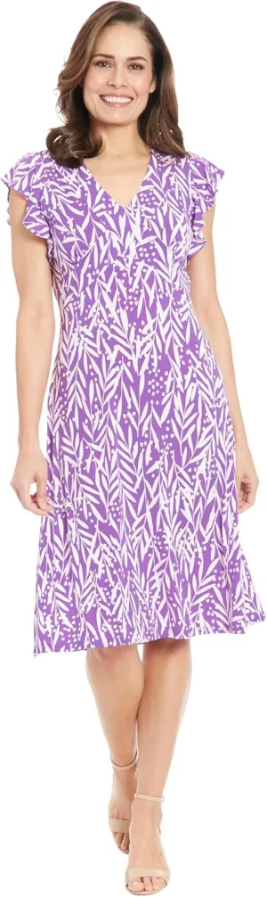 London Times Women's V-Neck Ruffle Sleeve Matte Jersey Dress Casual Summer Fun Easy Wear to Brunch