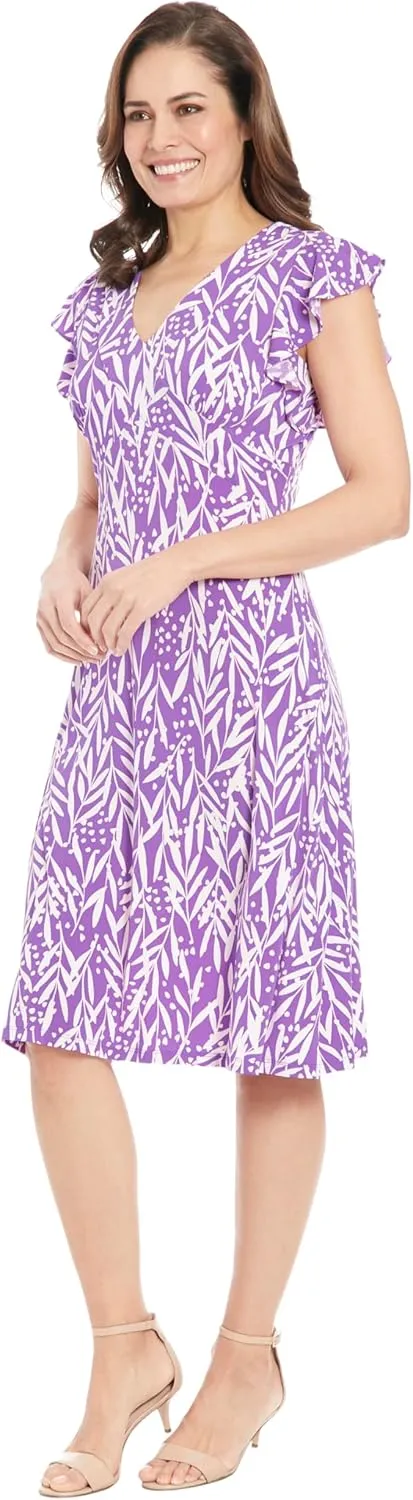 London Times Women's V-Neck Ruffle Sleeve Matte Jersey Dress Casual Summer Fun Easy Wear to Brunch
