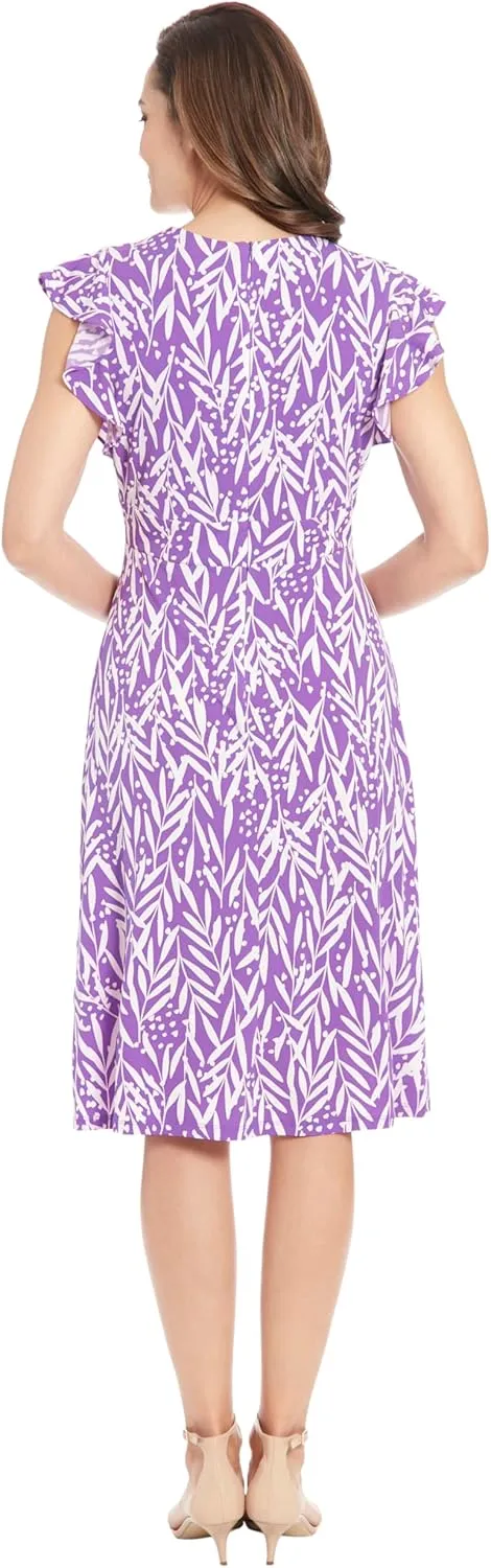 London Times Women's V-Neck Ruffle Sleeve Matte Jersey Dress Casual Summer Fun Easy Wear to Brunch