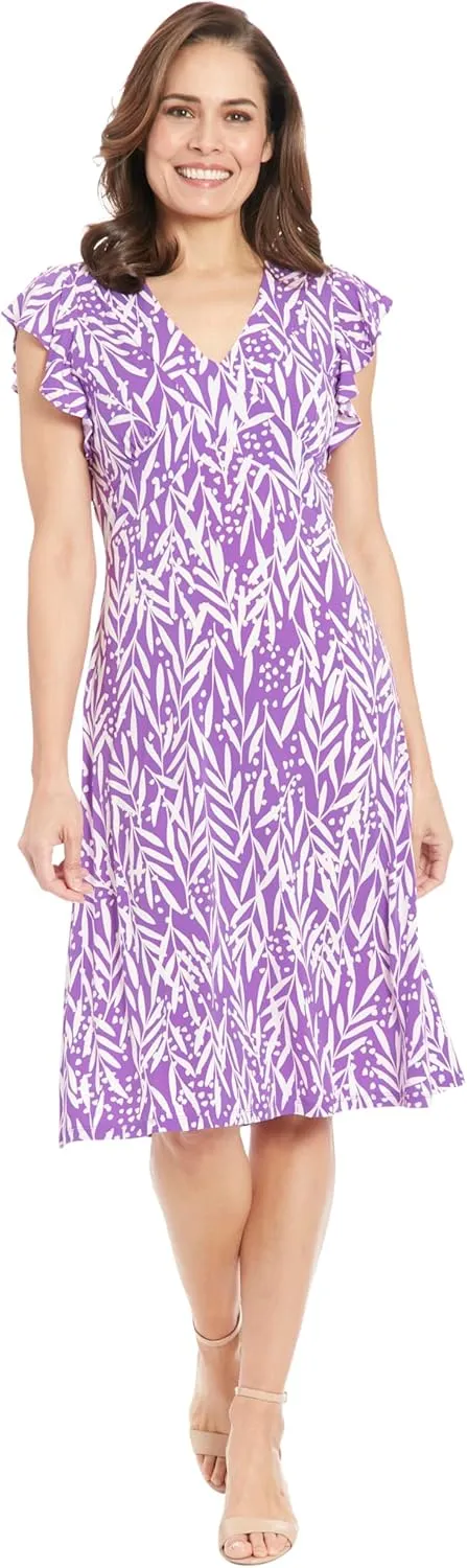 London Times Women's V-Neck Ruffle Sleeve Matte Jersey Dress Casual Summer Fun Easy Wear to Brunch