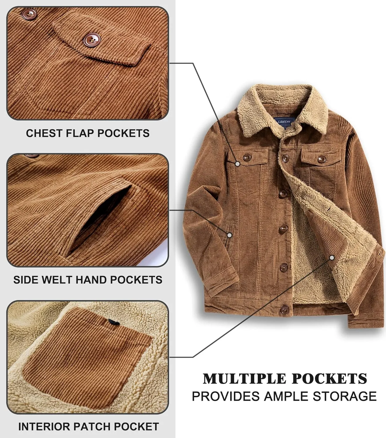 LOUECHY Men's Corduroy Sherpa Lined Trucker Jacket Thickened Warm Winter Coats