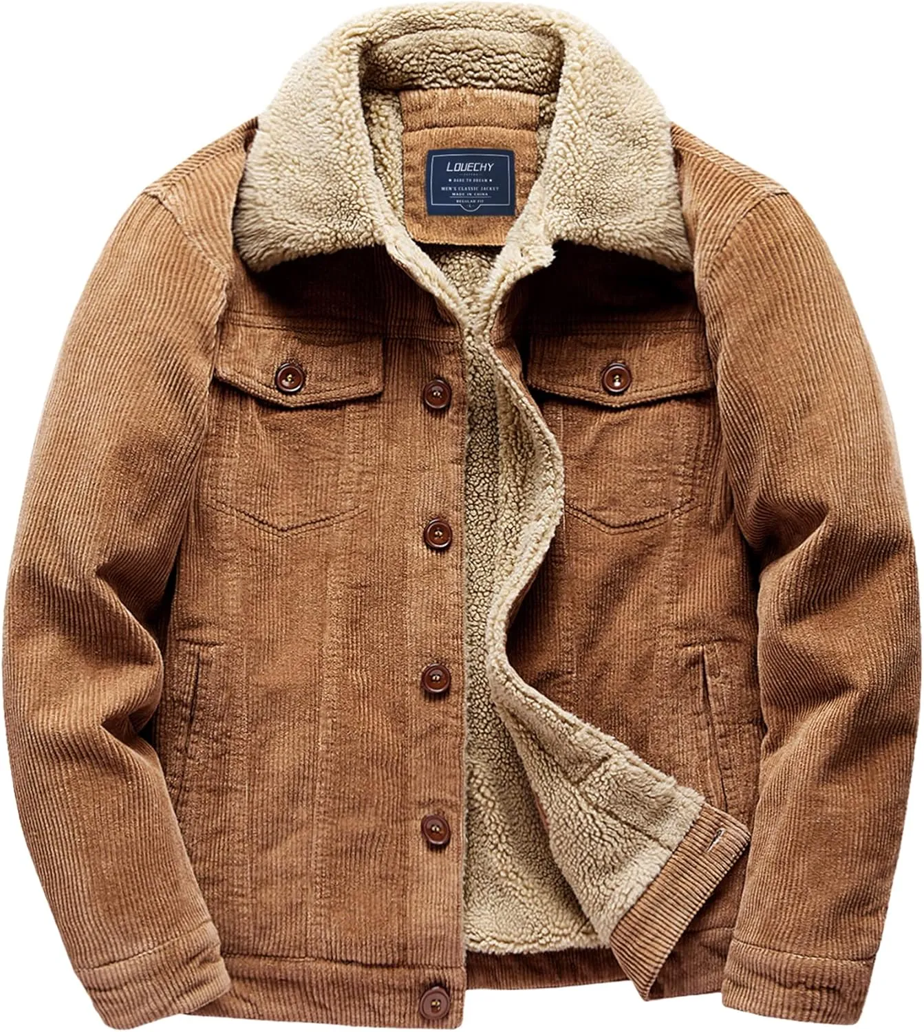 LOUECHY Men's Corduroy Sherpa Lined Trucker Jacket Thickened Warm Winter Coats