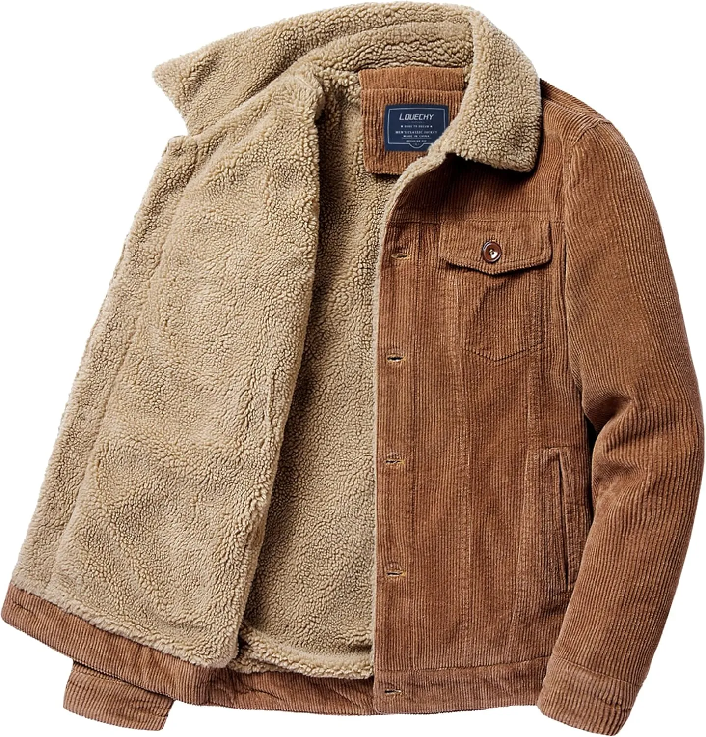 LOUECHY Men's Corduroy Sherpa Lined Trucker Jacket Thickened Warm Winter Coats
