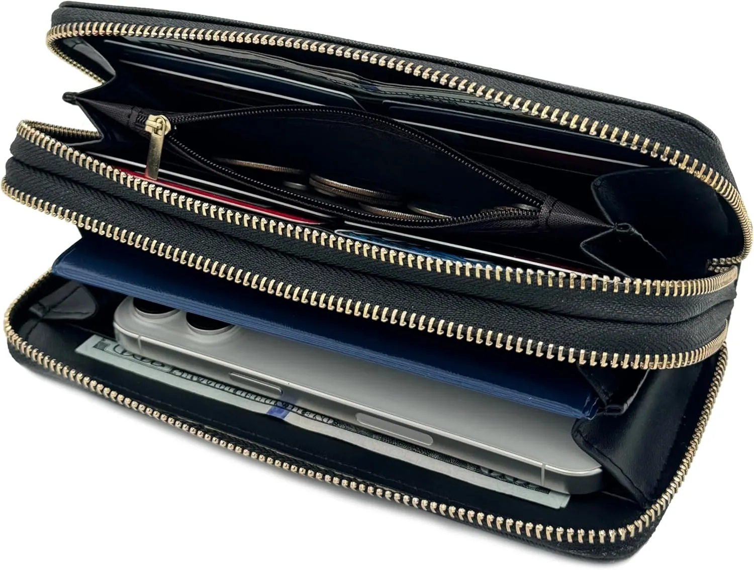 LOVESOME Womens Small Zip Around, Double Zip Around - Double Compartment Wristlet Wallet with Wrist Strap